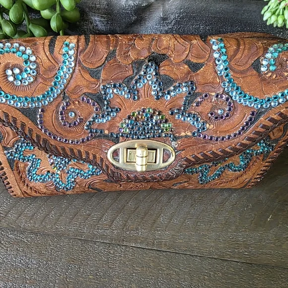 Rare Roth And Madge Handtooled Leather Swarovski Crystal Bag- Collectable OOAK - Picture 5 of 15